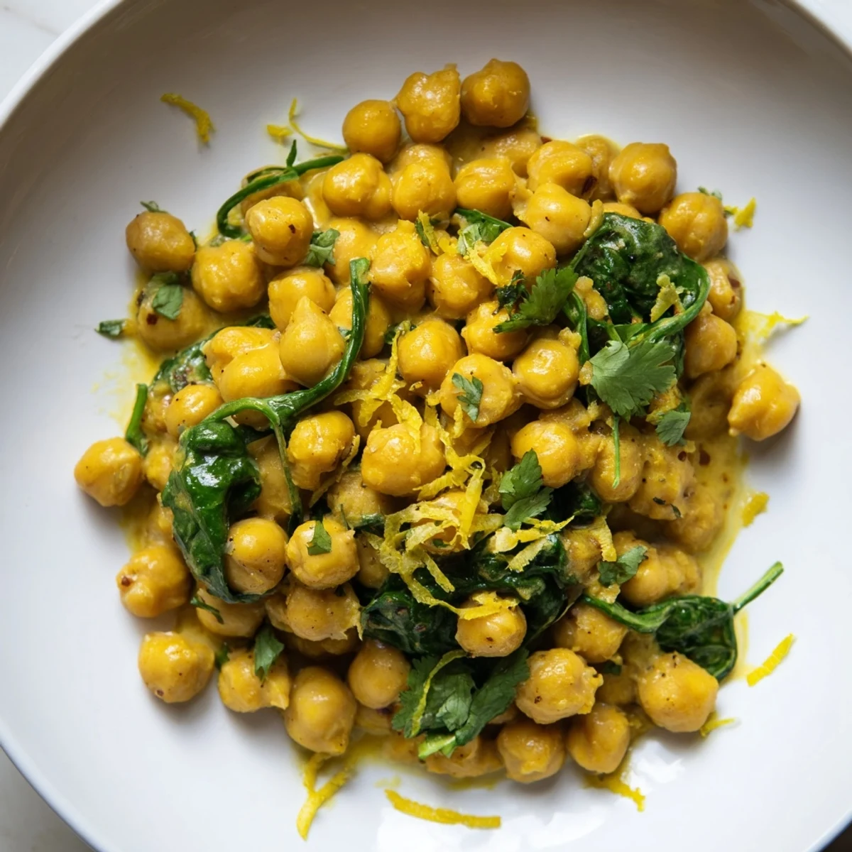 Steaming skillet filled with Vanilla Scented Turmeric Chickpea Skillet, garnished with fresh cilantro and lemon.
