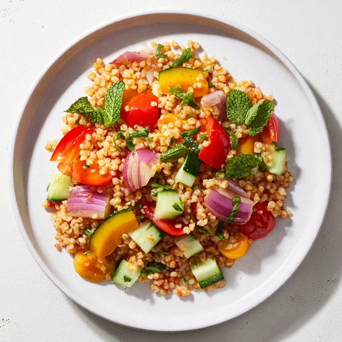 This vibrant Smoky Bulgur and Roasted Pepper Salad features charred peppers and a bright dressing over grains.