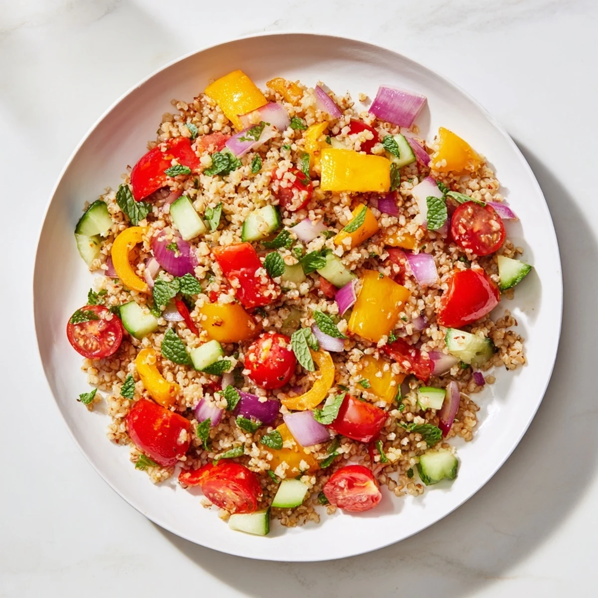 A colorful bowl of Smoky Bulgur and Roasted Pepper Salad, fresh herbs make it aromatic.