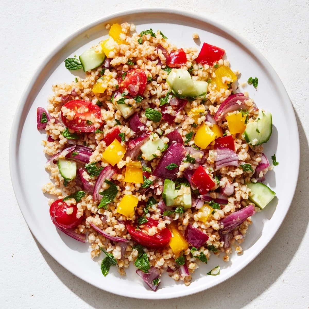 Close-up of Smoky Bulgur and Roasted Pepper Salad, showcasing the textures of the Mediterranean flavors.