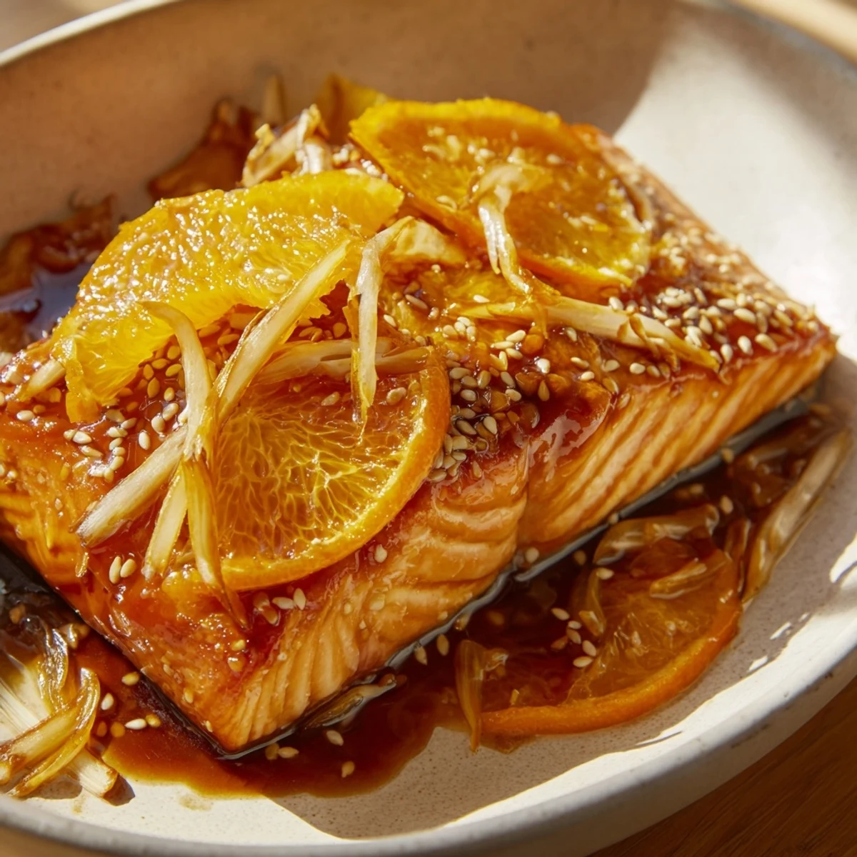 Sizzling Sake-Glazed Salmon, perfectly caramelized and garnished with sesame seeds and green onions.