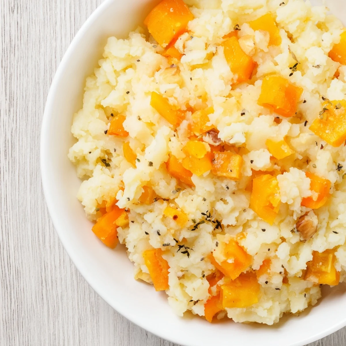 Golden brown Roasted Nutty Toasted Celeriac Mash, beautifully garnished, ready to be served.