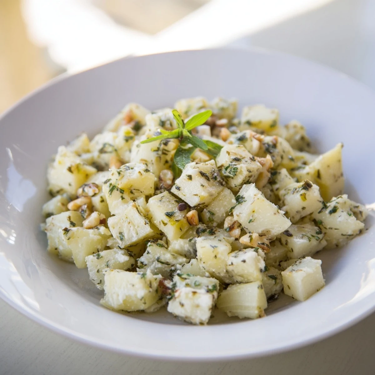 Warm, creamy Roasted Nutty Toasted Celeriac Mash with toasted nuts, inviting texture and savory aroma.