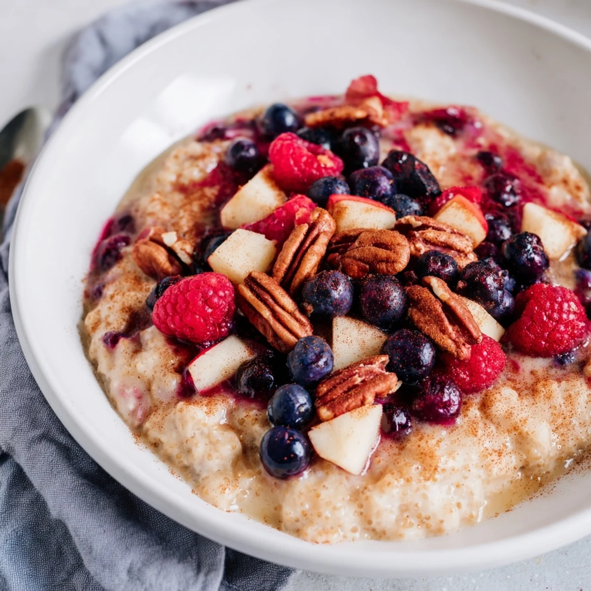 Buckwheat and Berry Porridge, warm and comforting, topped with fresh berries and toasted nuts.