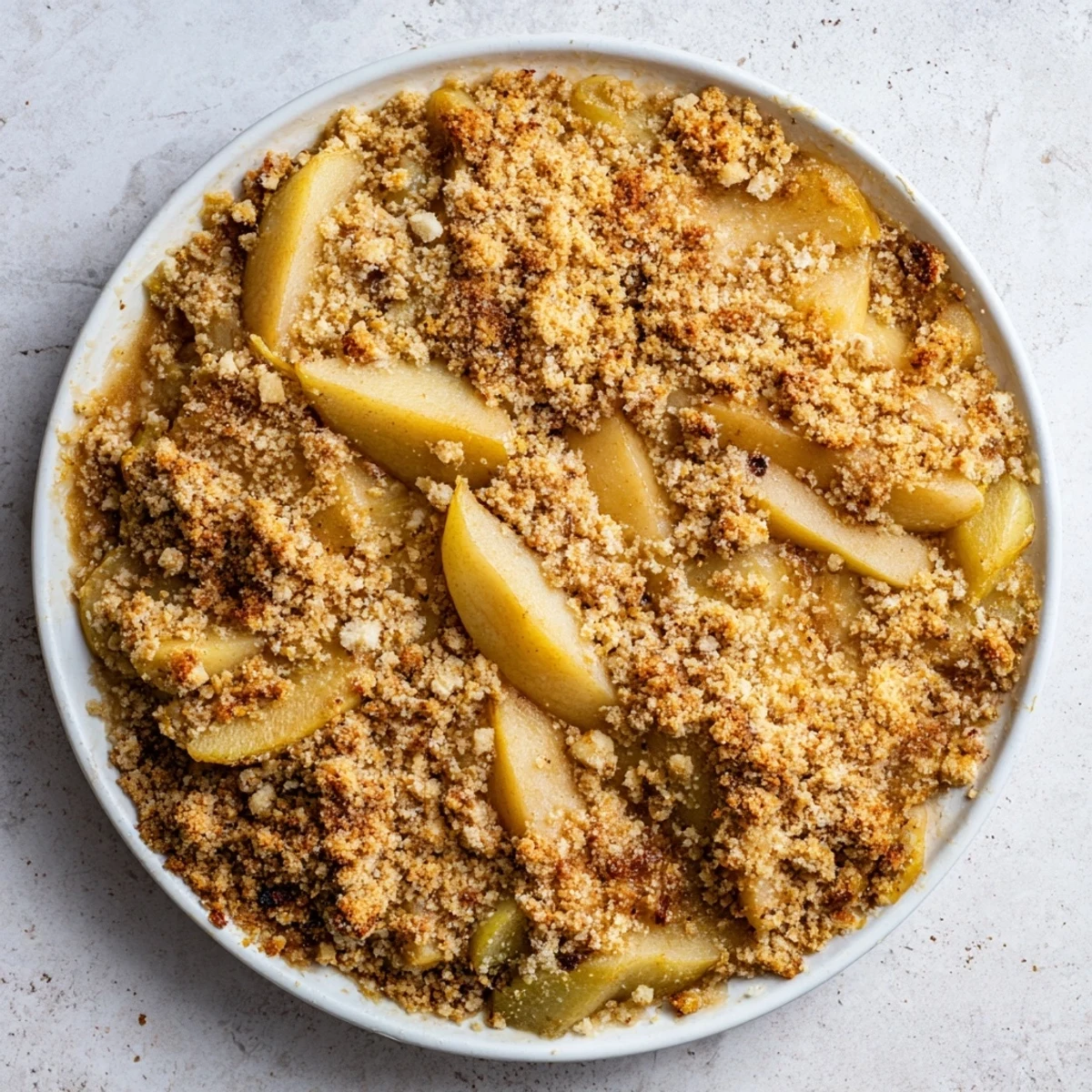 Golden-brown Pear Almond Crumble, warm from the oven, with a bubbling fruit filling visible.