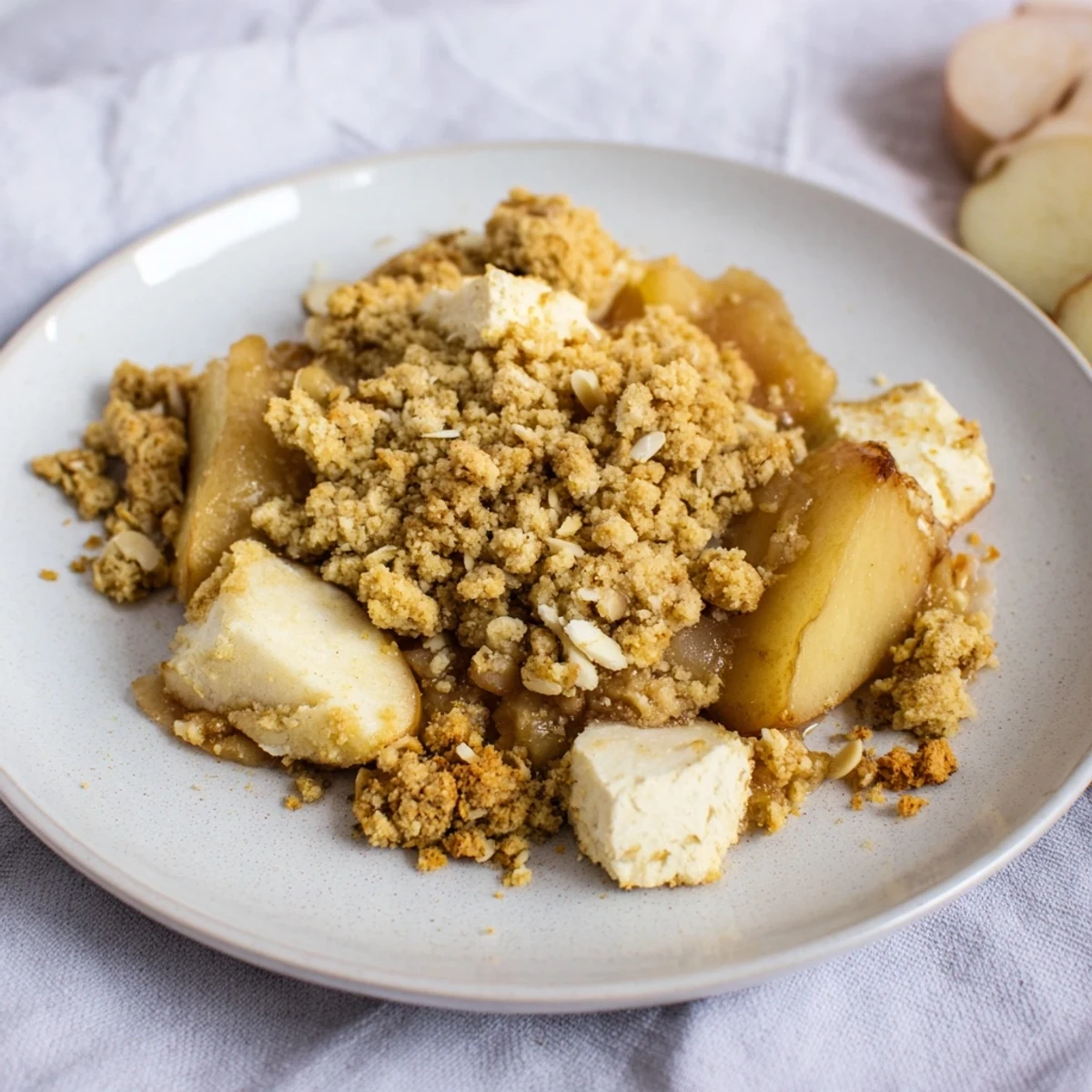 Enjoy a slice of sweet and spiced Pear Almond Crumble, perfect served with ice cream.