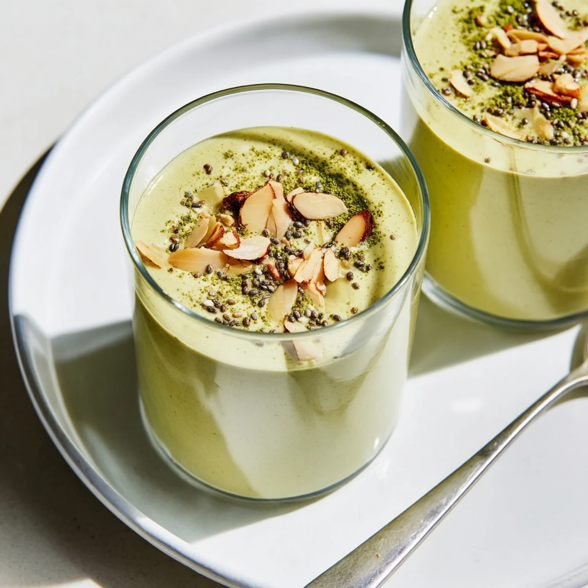 The creamy, subtly sweet Matcha Almond Smoothie is visually appealing in a clear glass, ready to enjoy.