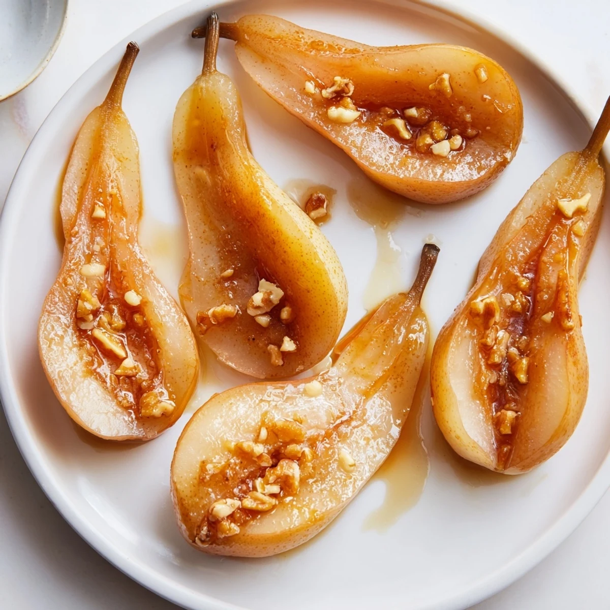 The caramelized edges of Ginger Baked Pears are showcased, ready to be served warm from the oven.