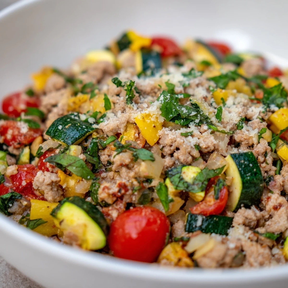 Golden brown ground turkey mingles with vegetables in this delicious Cozy Garlic Herb Turkey Skillet.