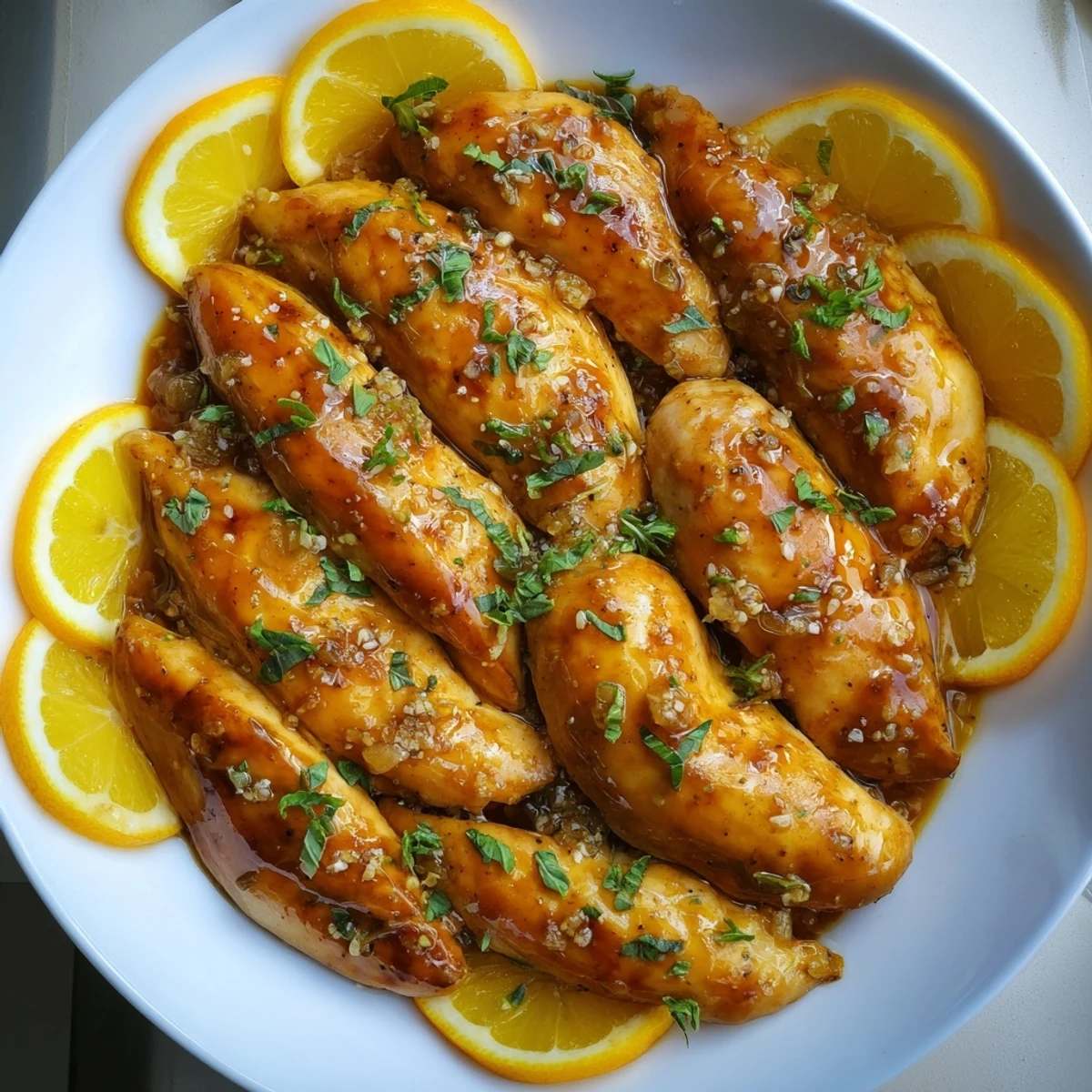 Golden-brown, tender Lemon Fresh Citrus Basil Chicken garnished with fresh basil for a tasty meal.