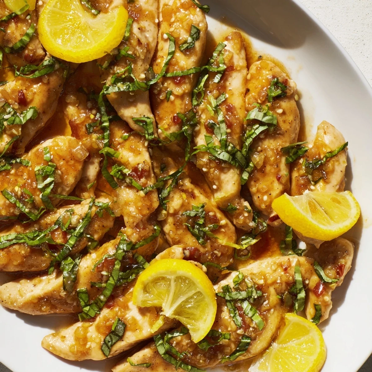 Lemon Fresh Citrus Basil Chicken with vibrant colors, served with fresh lemon slices.