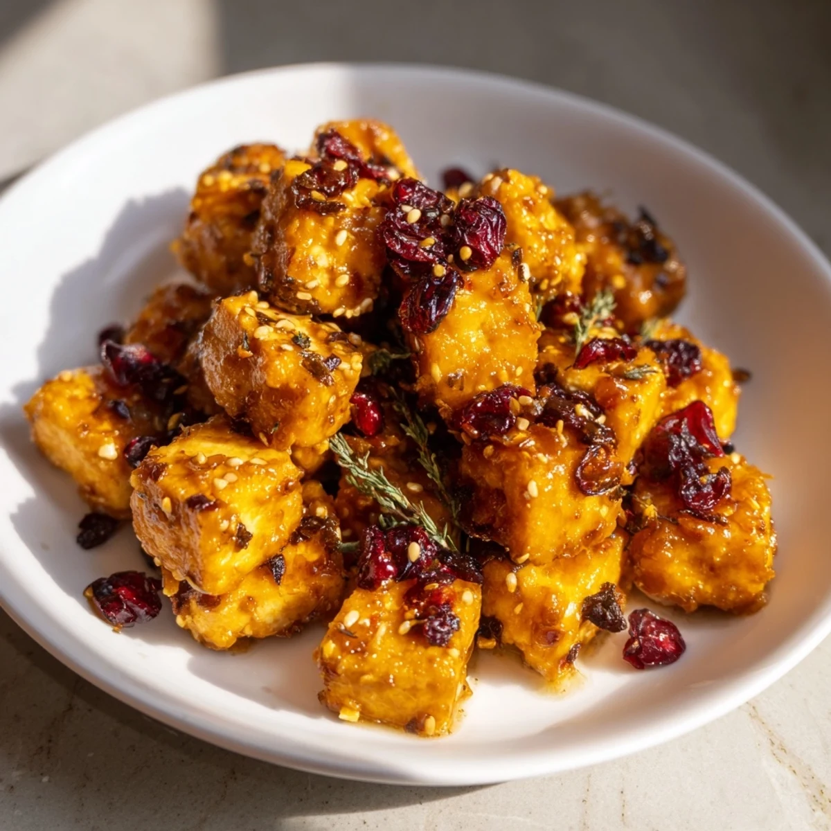 Crispy edges on thyme roasted ginger miso tofu, a vegan main course with vibrant flavors.