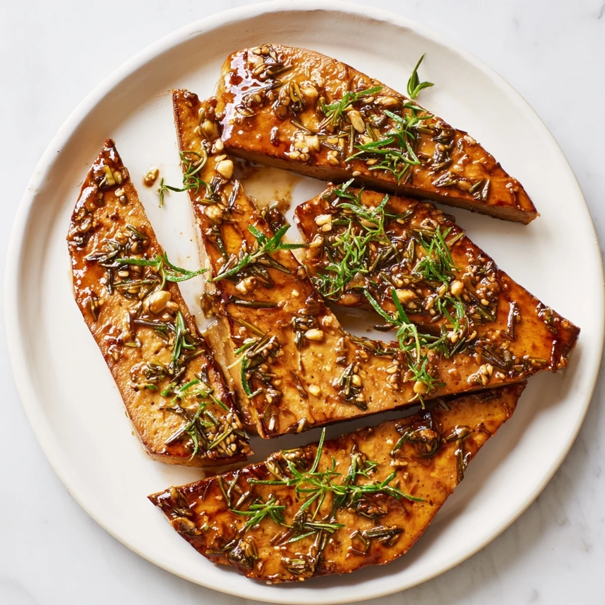 Golden herbed vanilla scented tempeh steaks, beautifully seared and glistening, ready to serve with fresh herbs.
