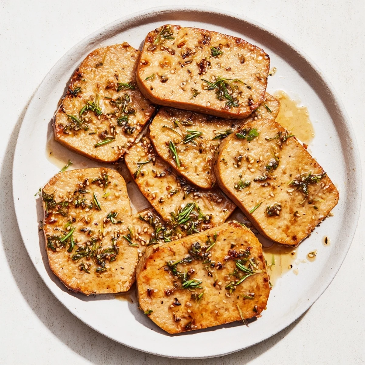 Close-up of savory herbed vanilla scented tempeh steaks, showing delicious char and herb flecks, vegan meal.