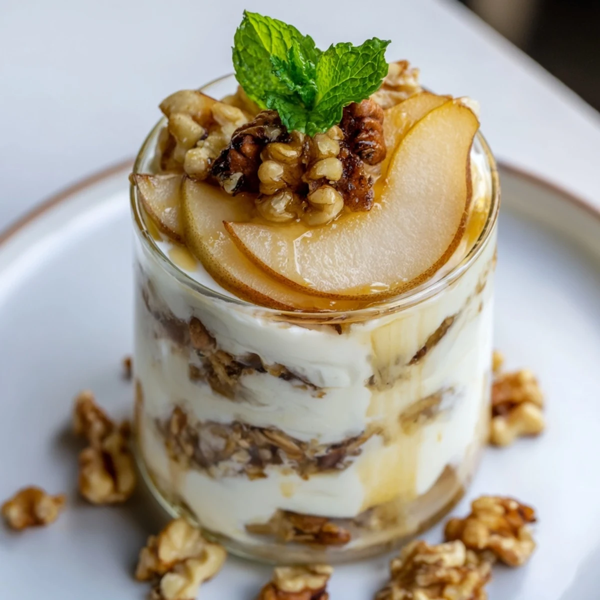 Golden roasted Maple-Kissed Pear Parfait: layered dessert with creamy yogurt and crunchy granola.