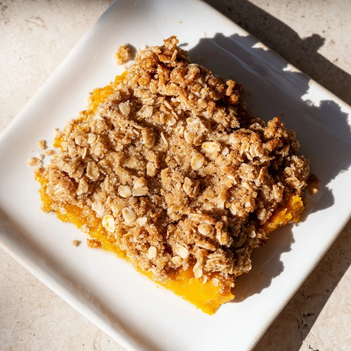 Golden-brown pumpkin spice crumble, ready to serve with a scoop of vanilla ice cream on top!