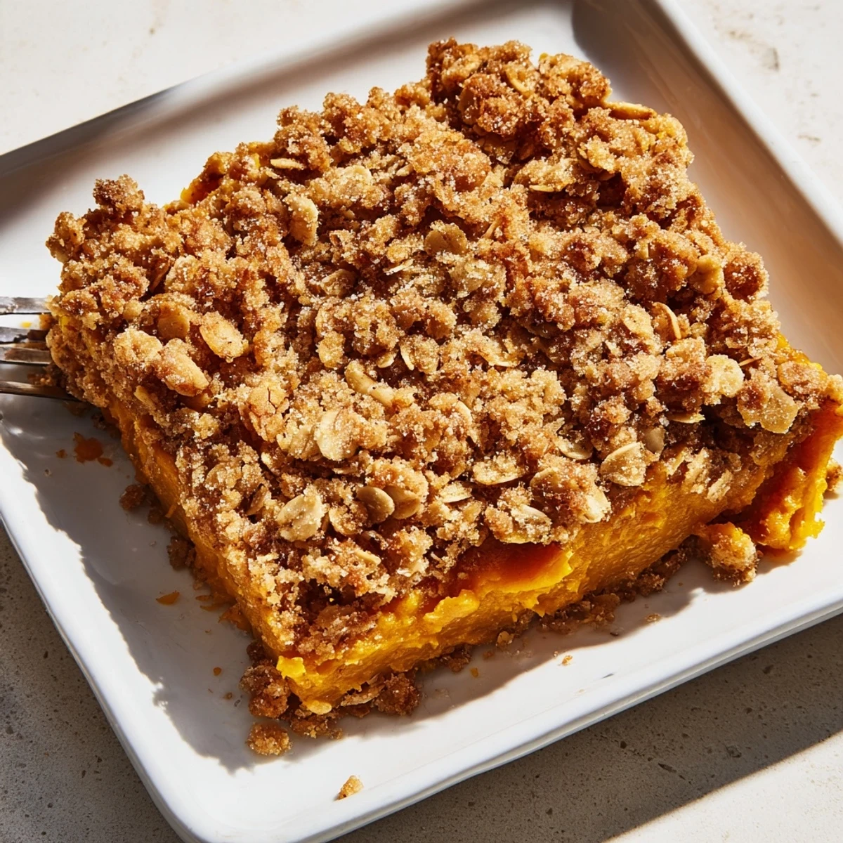 Close-up of bubbling, golden pumpkin spice crumble with a crispy oat topping, perfect for dessert.