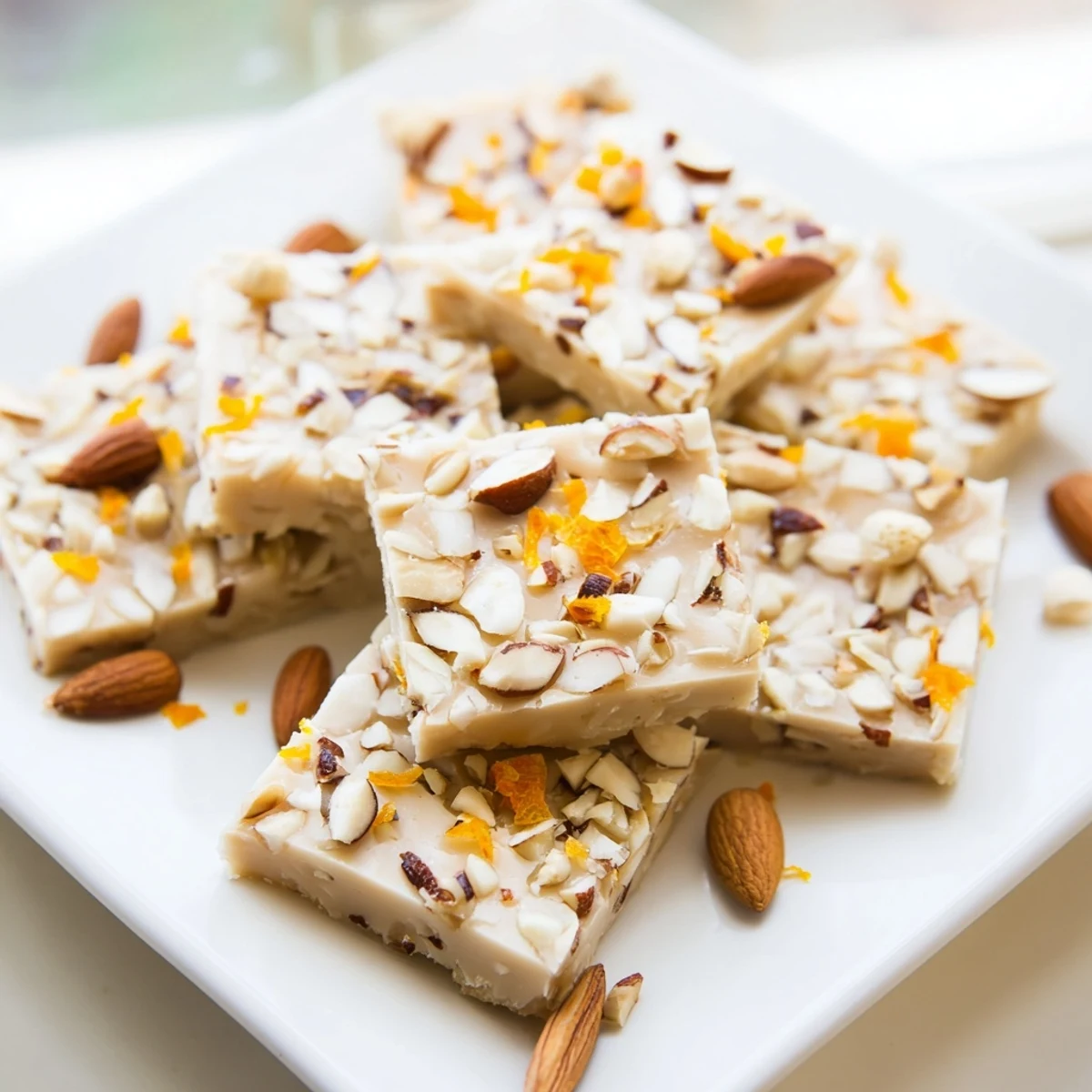 A close-up shot of delicious spiced date & citrus squares, filled with dates and bright citrus.