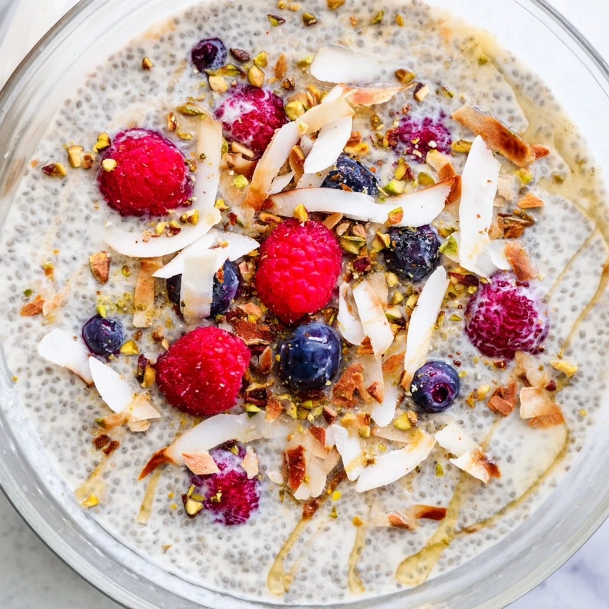 Creamy coconut chia pudding topped with fresh berries, perfect for a healthy breakfast.