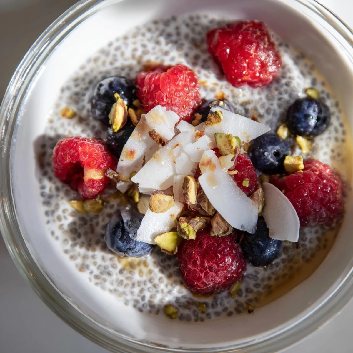A bowl of delicious coconut chia pudding with visible chia seeds and vibrant fresh berry toppings.