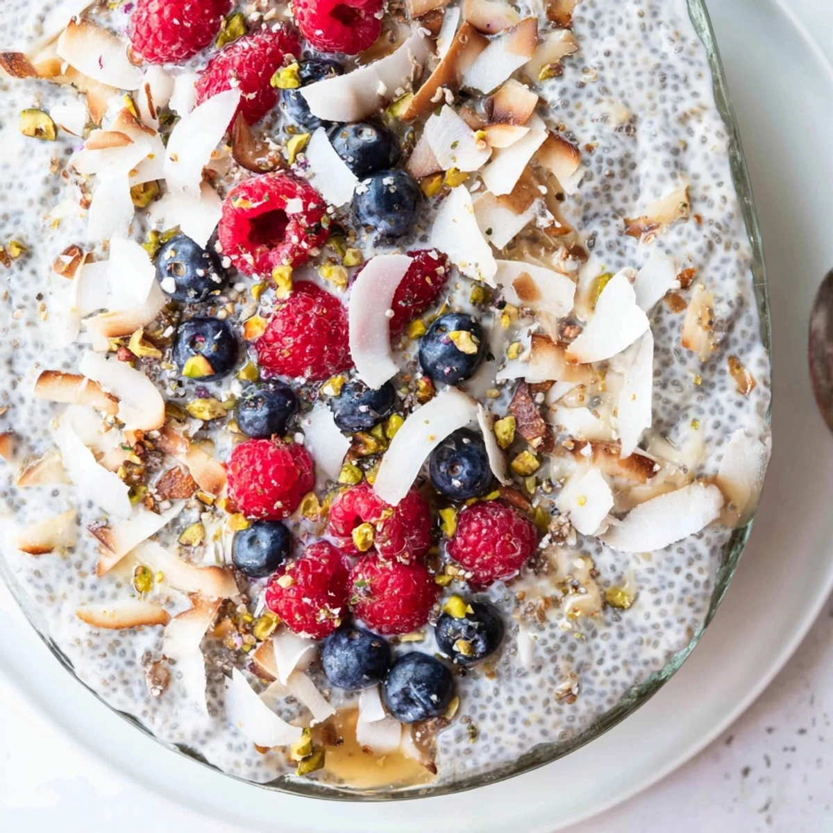 Slow-roasted coconut chia pudding, thick and creamy, served with toasted coconut flakes and maple syrup.