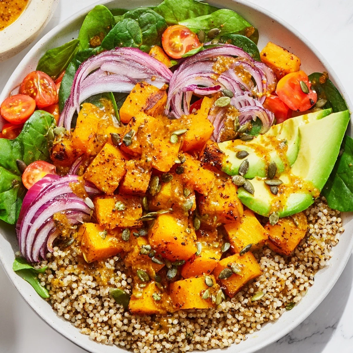 Golden roasted squash tops a vibrant Millet and Roasted Squash Bowl, drizzled with smoky dressing.