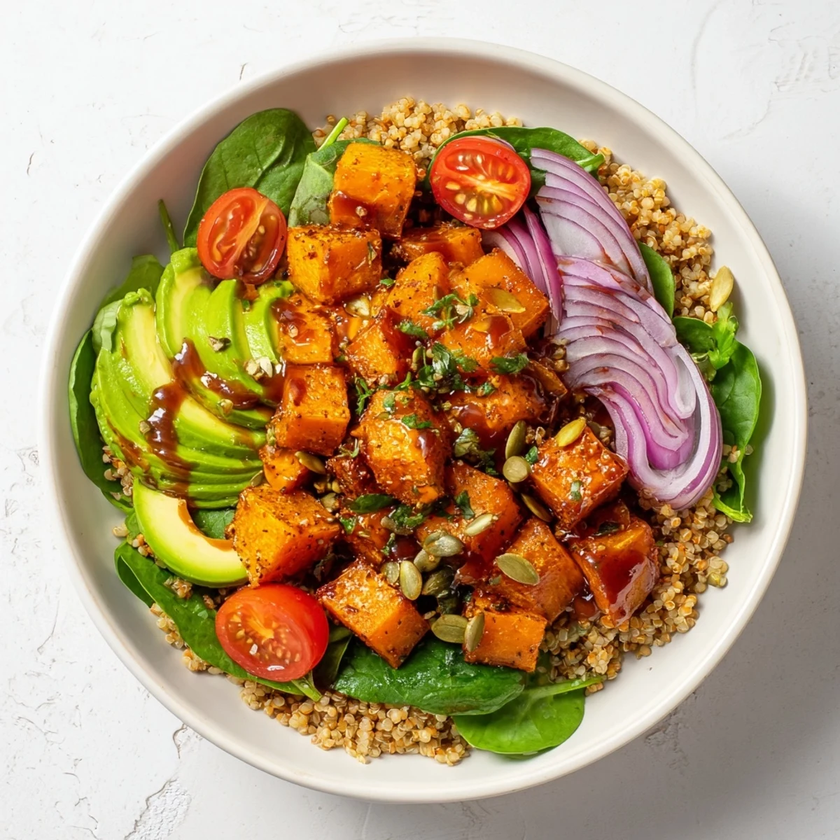 A satisfying, colorful Millet and Roasted Squash Bowl with creamy avocado and toasted pumpkin seeds.