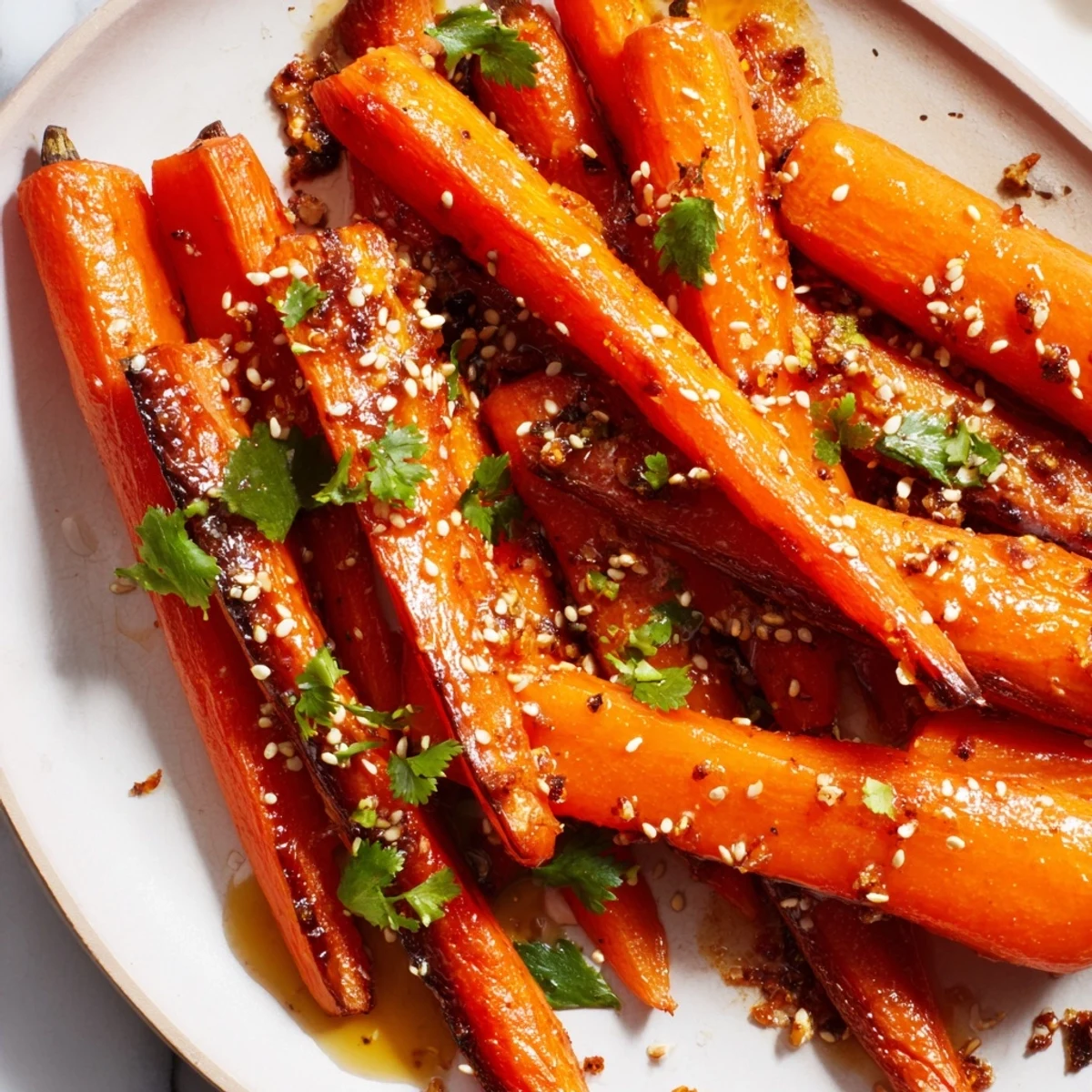 Savory and sweet, this image shows freshly baked, glistening cinnamon miso roasted carrots with sesame seeds.