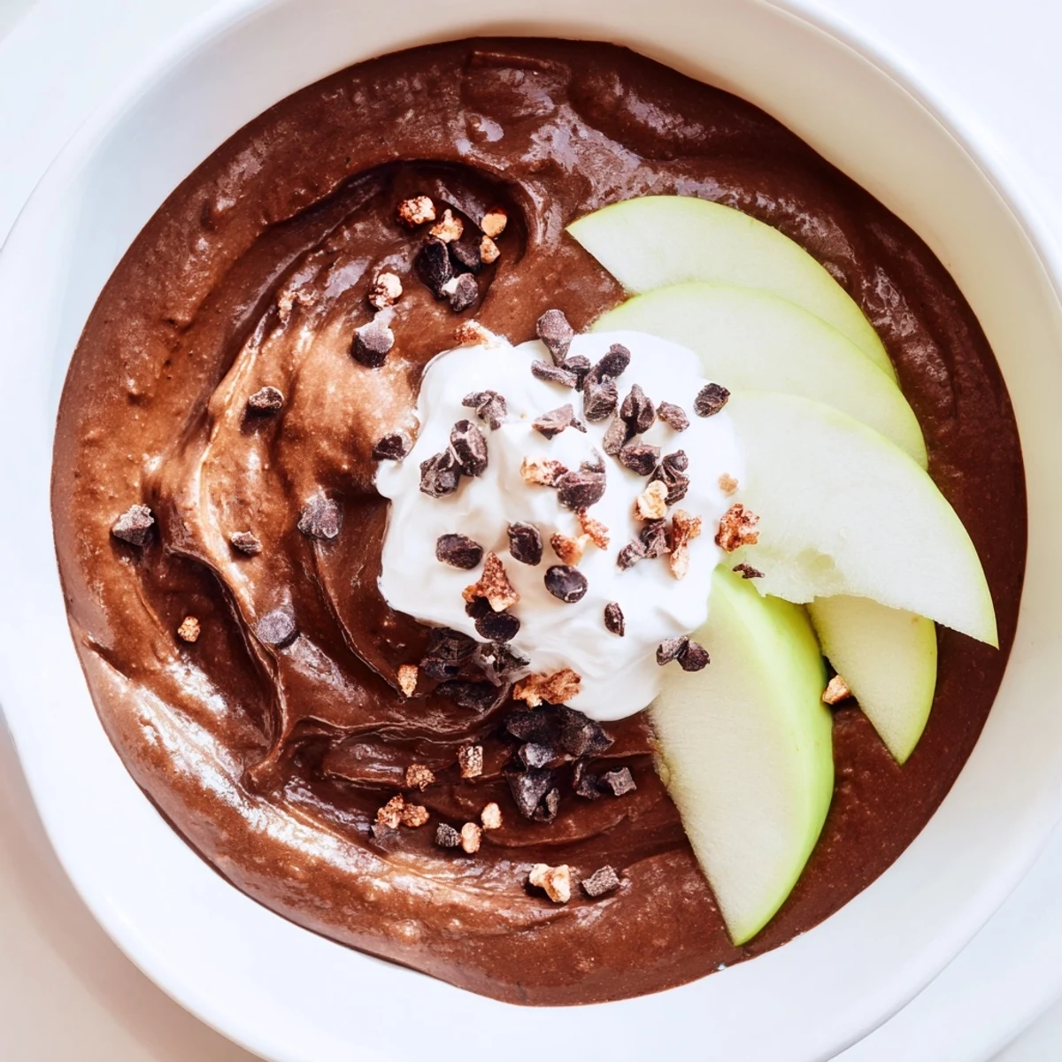 Creamy Avocado Apple Warmed Chocolate Mousse, garnished with apple slices, offers a rich, decadent dessert experience.