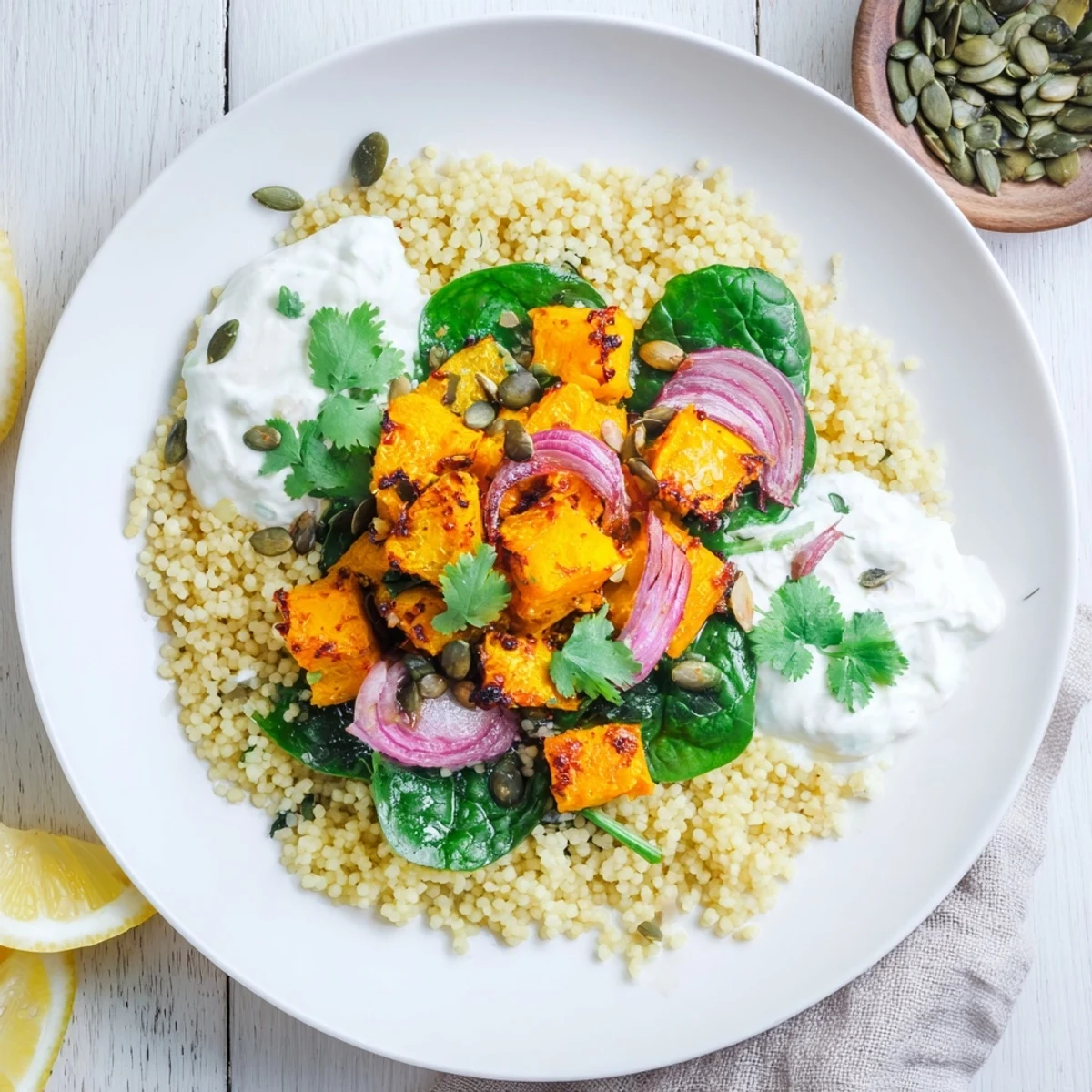 Golden Warming Millet and Roasted Squash Bowl with vibrant colors, perfectly roasted squash with a delicate millet.