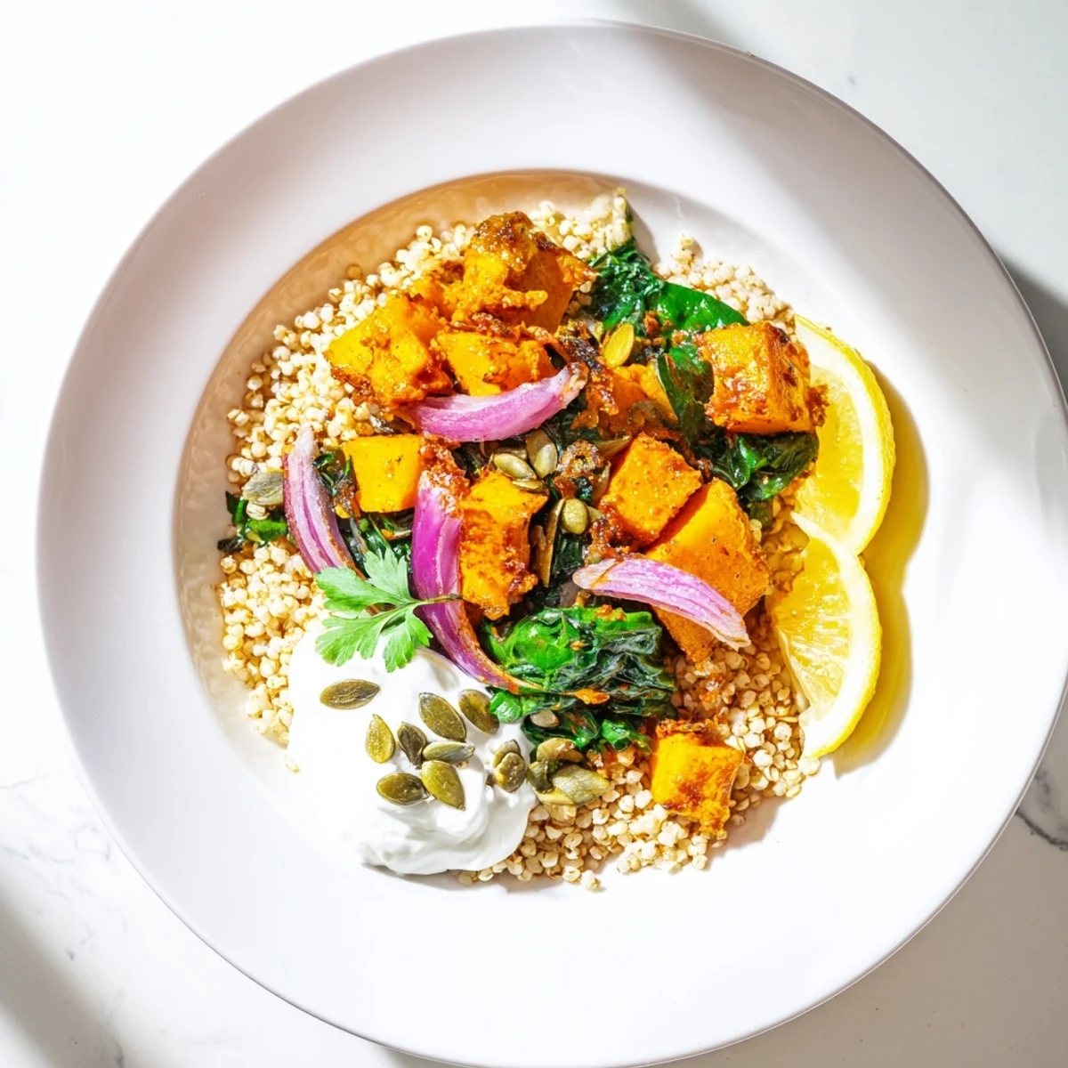 This delicious Golden Warming Millet and Roasted Squash Bowl shows flaky millet topped with roasted vegetables, ready to eat.