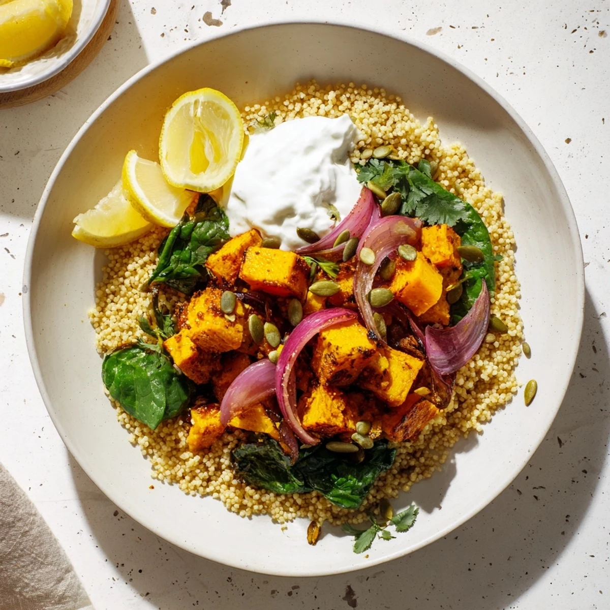 Imagine a comforting, healthy Golden Warming Millet and Roasted Squash Bowl, featuring golden roasted squash and herbs.