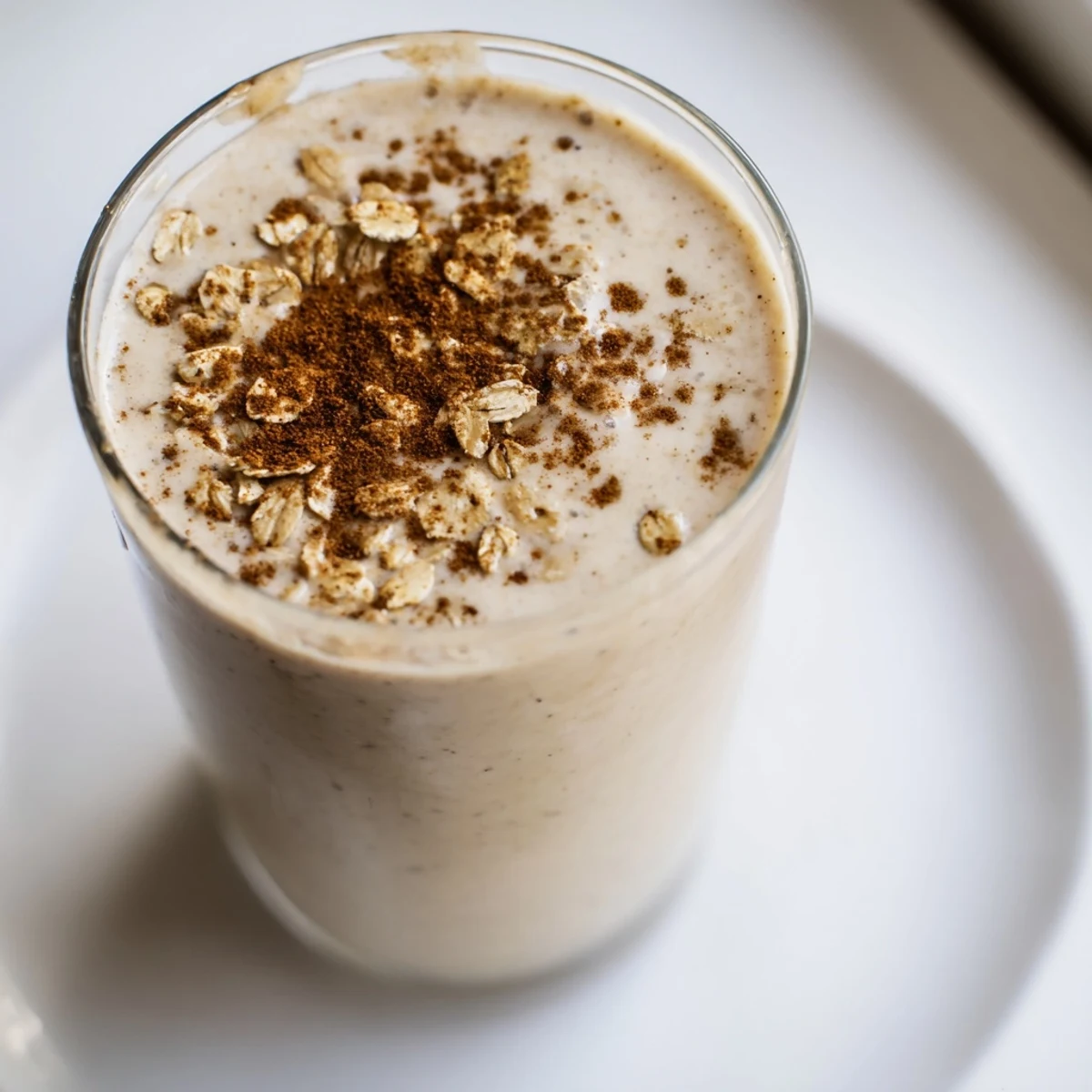 A vibrant Oat Milk Chai Smoothie, thick and frosty, swirled with chai spices and banana.