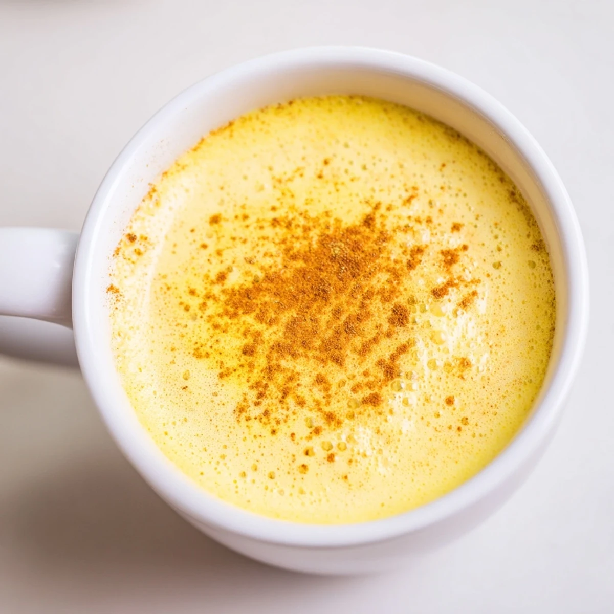 This warm Almond Turmeric Golden Smoothie showcases the deep-yellow color and creamy texture of a blended drink.