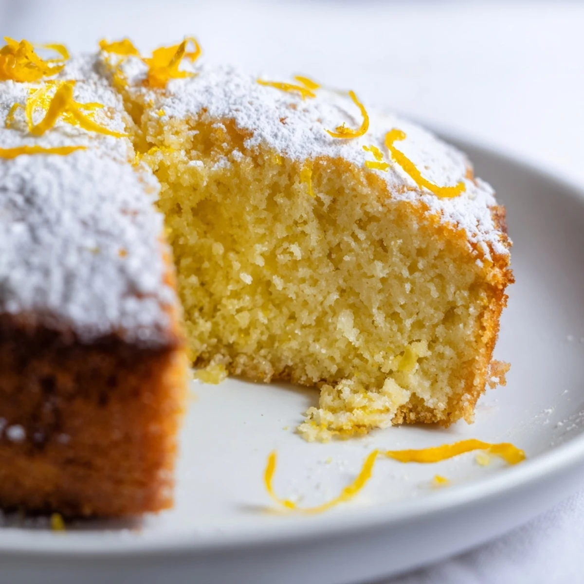 Golden Olive Oil Citrus Cake, dusted with powdered sugar, ready for a delicious dessert.