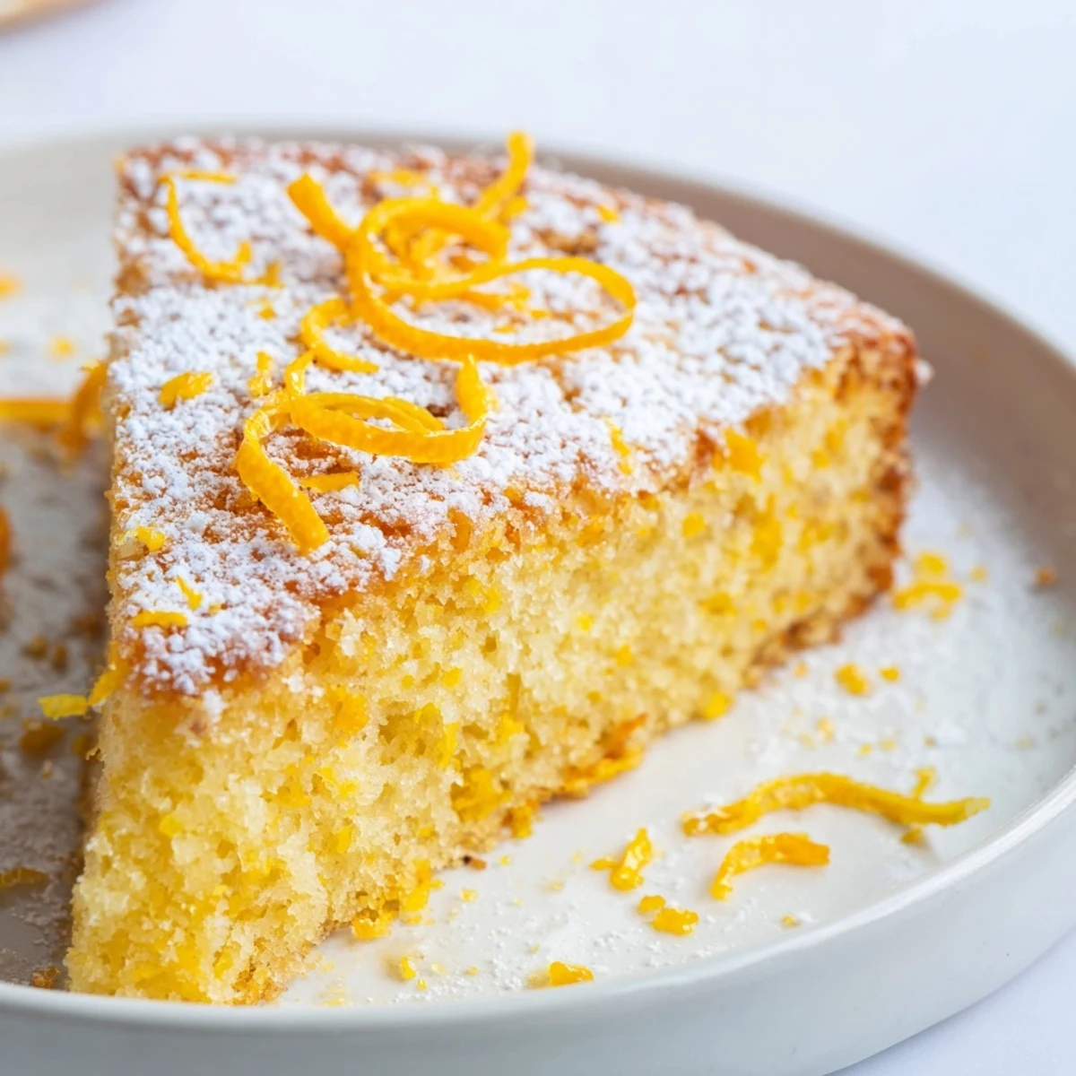 A slice of vibrant Olive Oil Citrus Cake with citrus zest, perfect for a sunny afternoon treat.