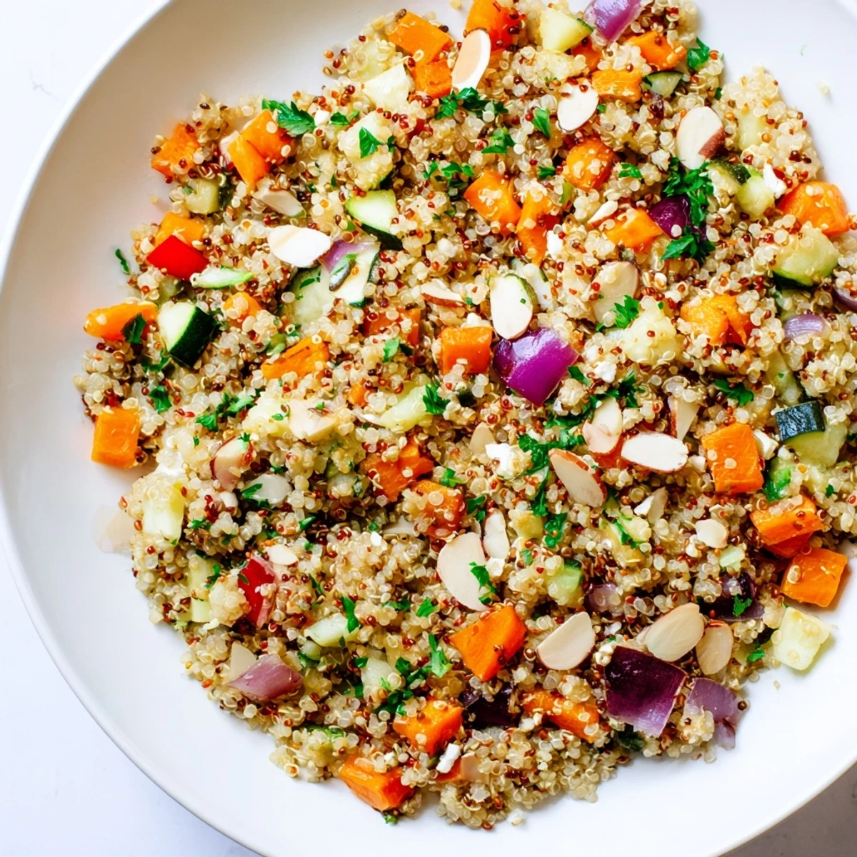Golden-brown Quinoa Rustico Pilaf, a Mediterranean baked dish with flavorful herbs and tender vegetables.