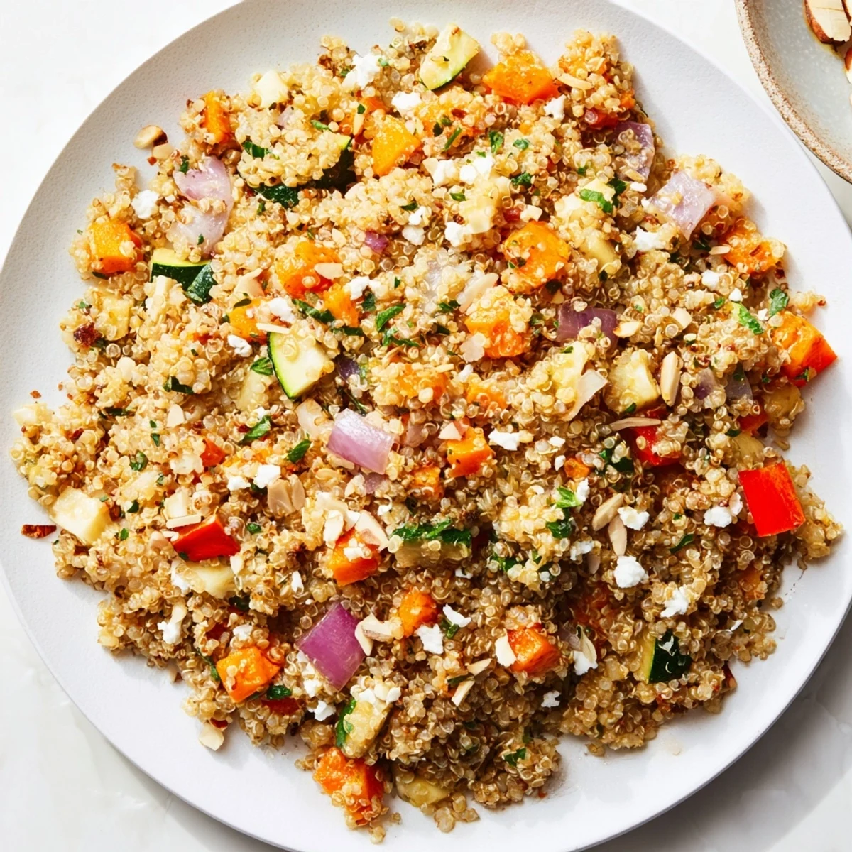 Wholesome, colorful Quinoa Rustico Pilaf, a hearty vegetarian meal option with optional feta topping.