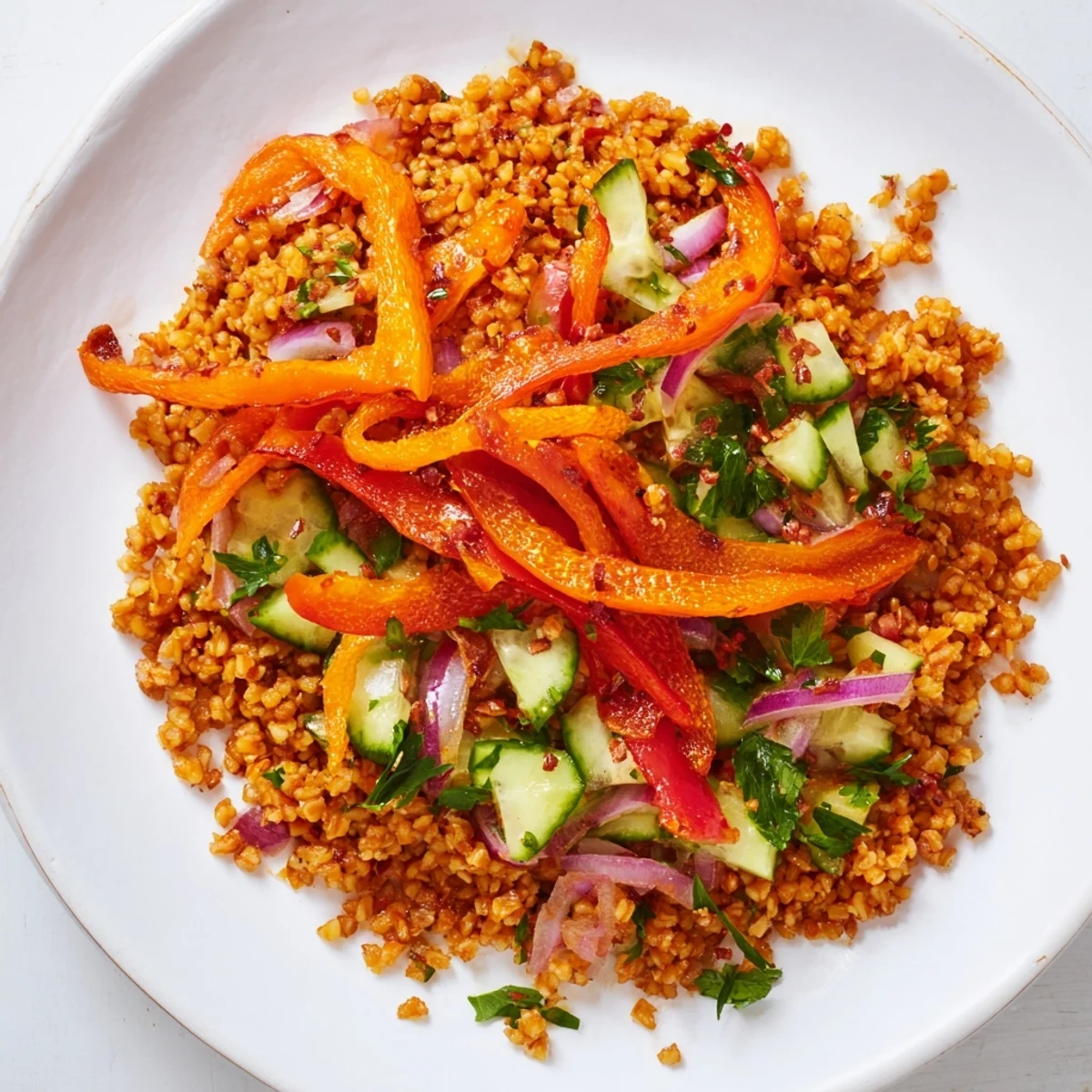 A bright image: a fresh Bulgur and Roasted Pepper Salad, with cucumber and herbs, drizzled with dressing.