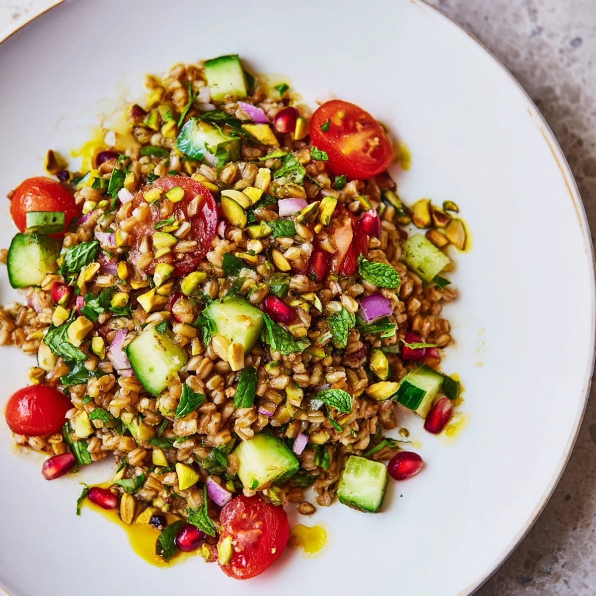 Vibrant Freekeh Salad, brimming with fresh vegetables and drizzled in citrus cinnamon dressing, ready to eat.