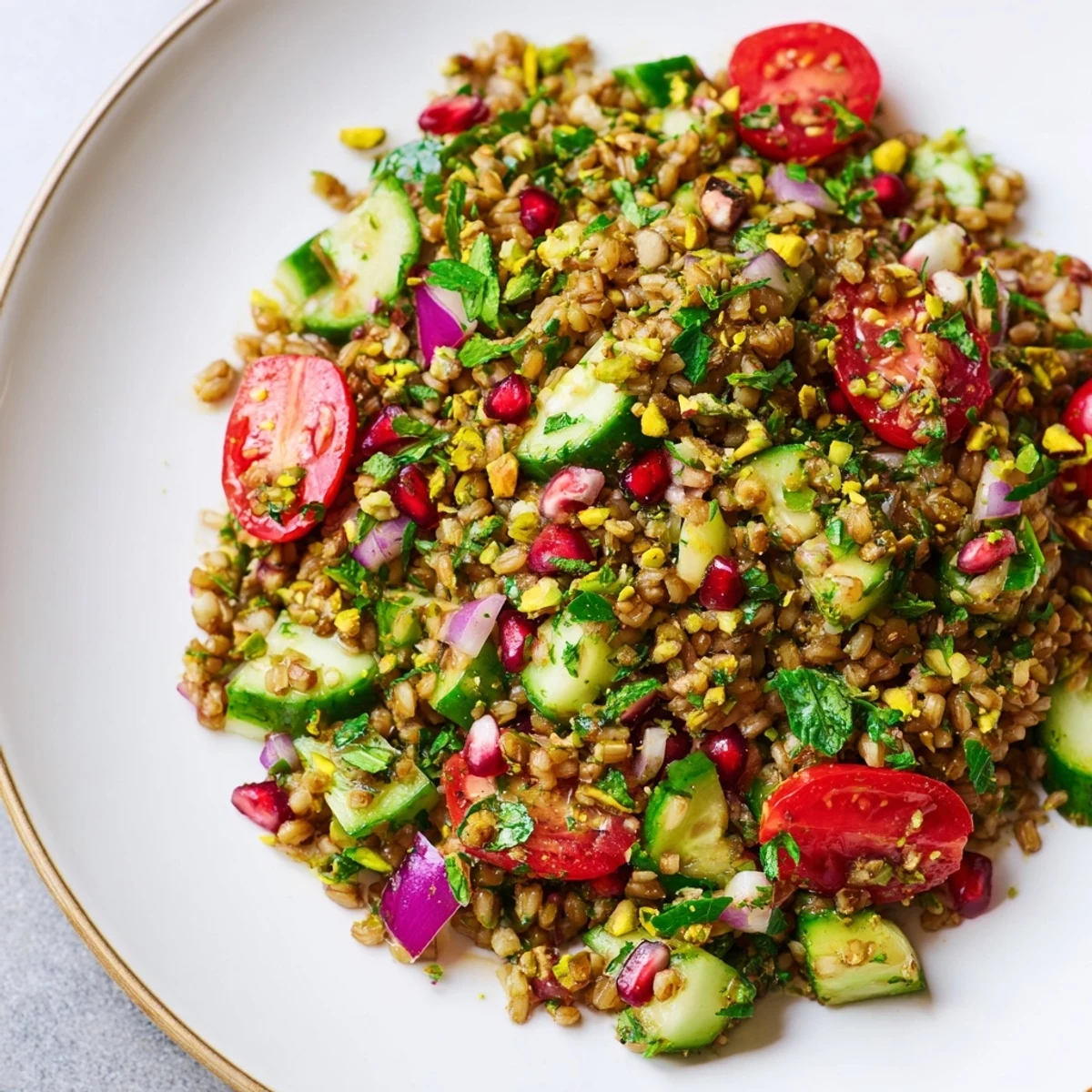 Close-up of a rustic bowl of Freekeh Salad, showcasing tender freekeh and a zesty cinnamon-citrus dressing.