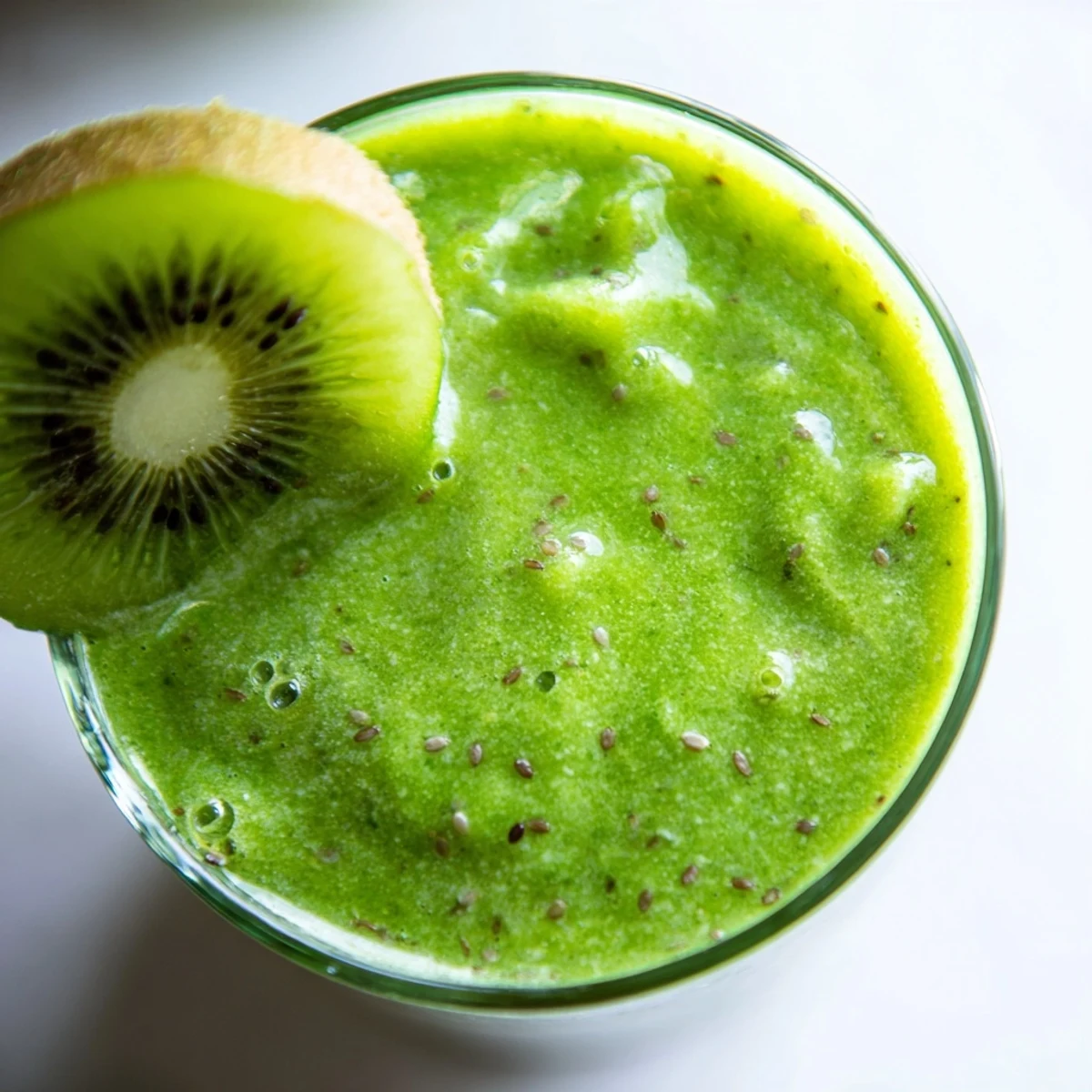 Bright green immune smoothie in a glass with ice, featuring spinach, kiwi, and pineapple for a refreshing morning boost.