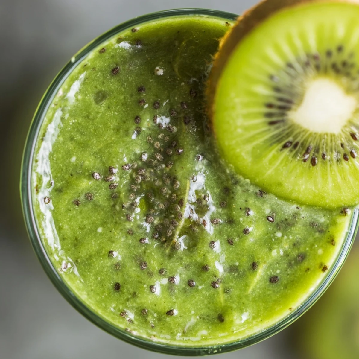 Two glasses of vibrant green immune smoothie garnished with kiwi slices and chia seeds, served with a citrus wedge.