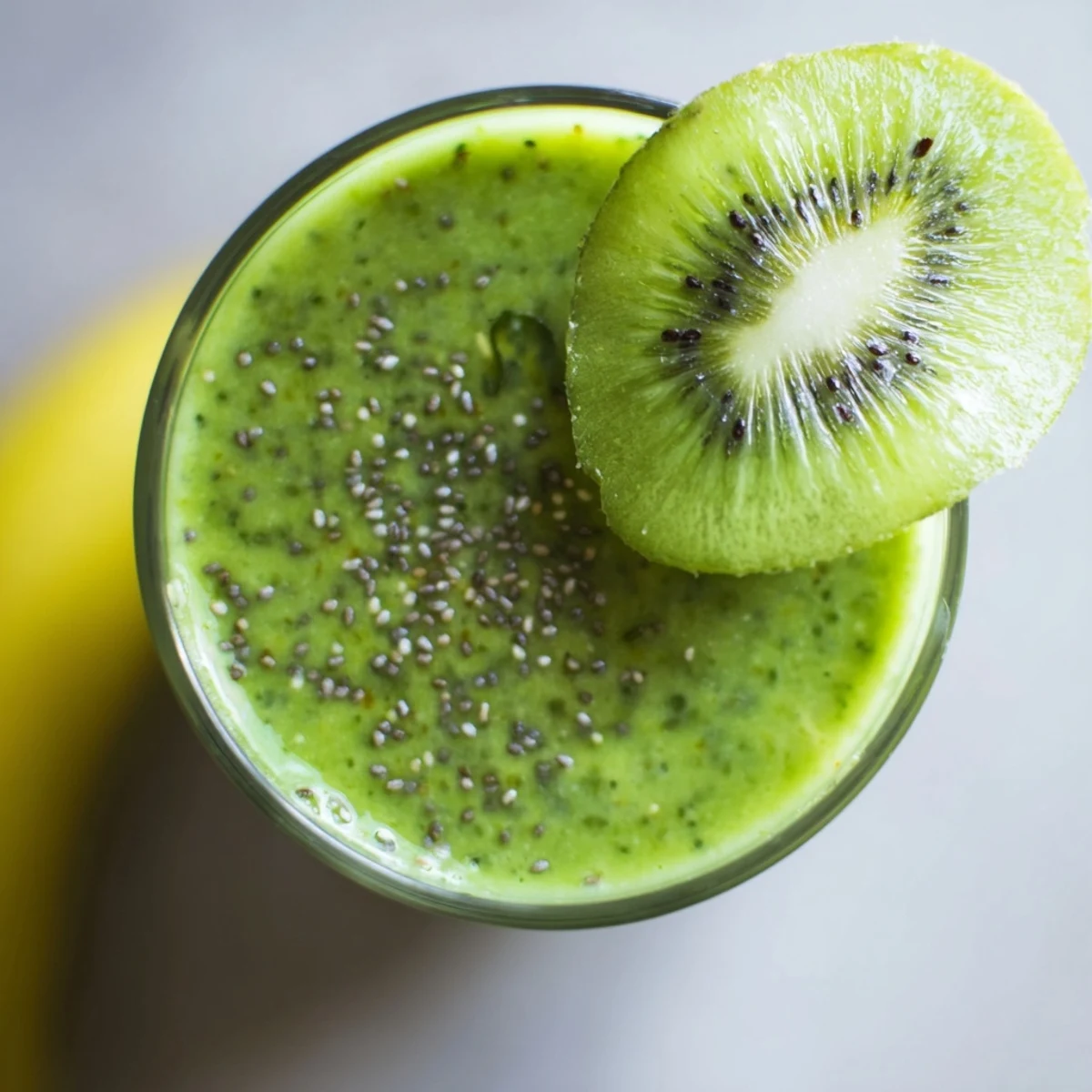 Vegan green immune smoothie topped with chia seeds, blending kale, green apple, and fresh ginger in a tall glass.