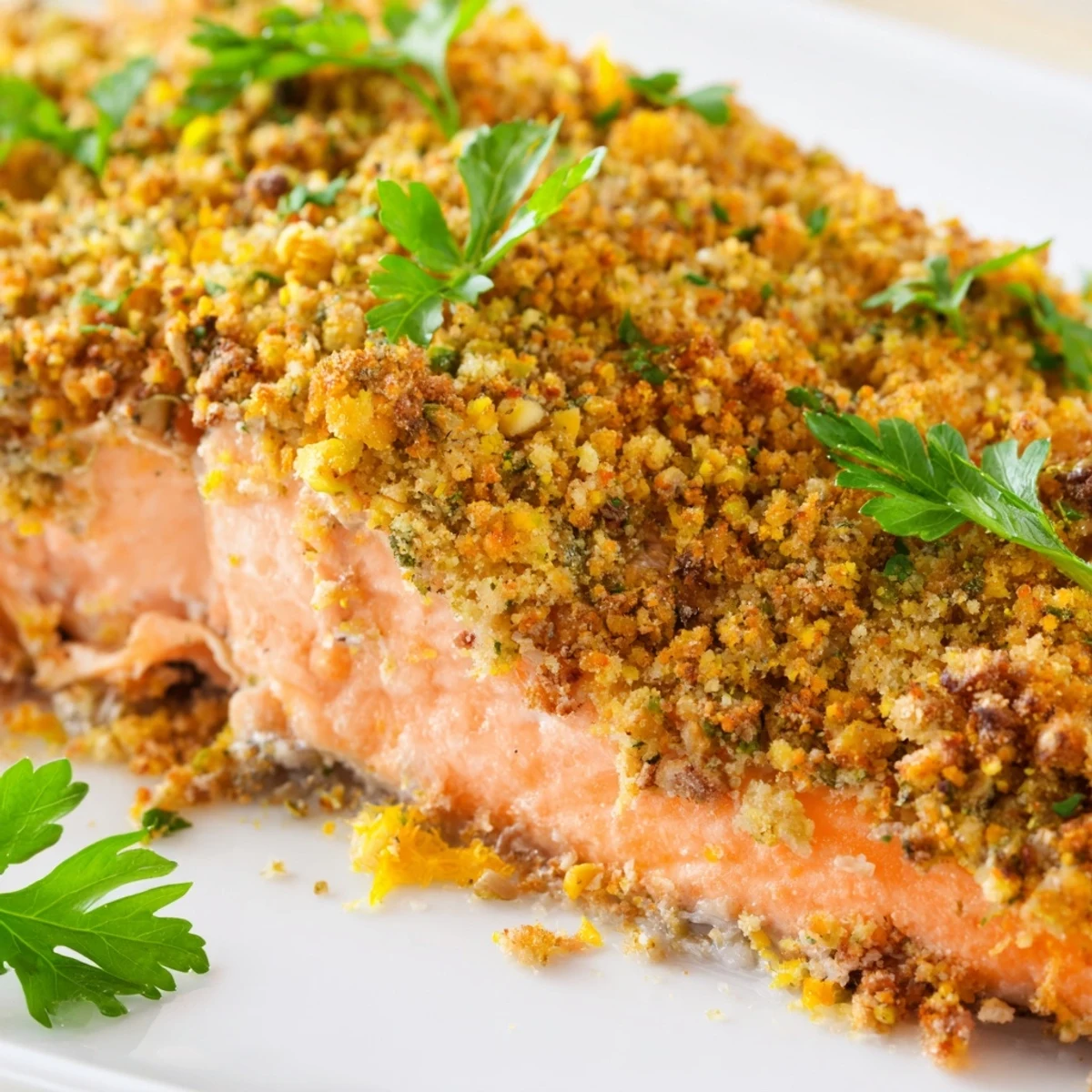 Freshly baked Orange-Kissed Pistachio Crusted Salmon served on a rustic plate garnished with parsley and citrus slices.