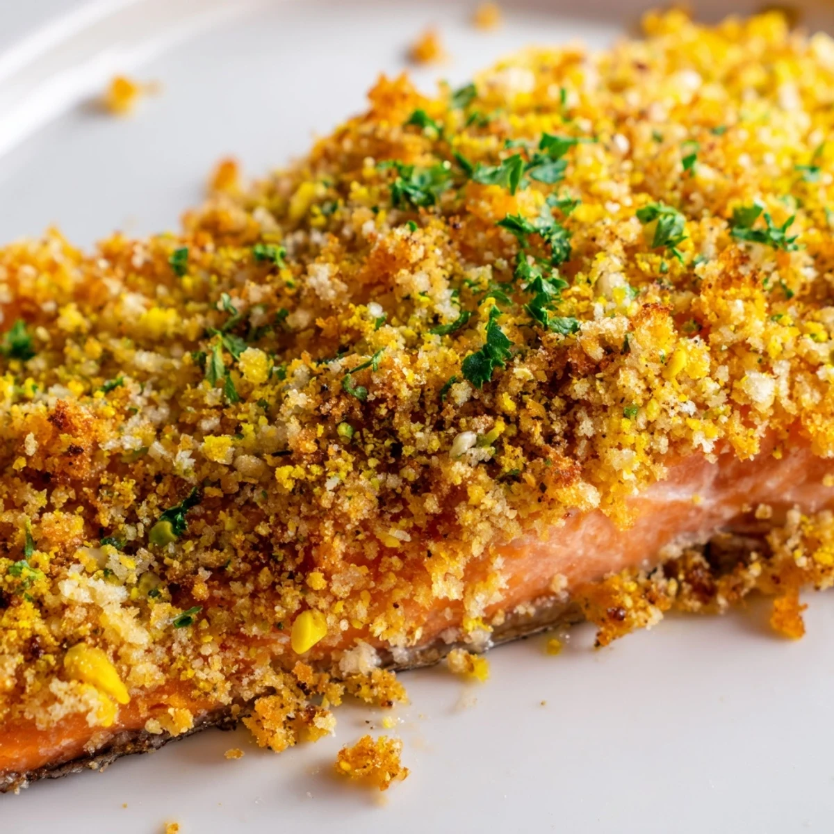 A close-up of Orange-Kissed Pistachio Crusted Salmon showing flaky pink fish beneath a vibrant, nutty green crust.