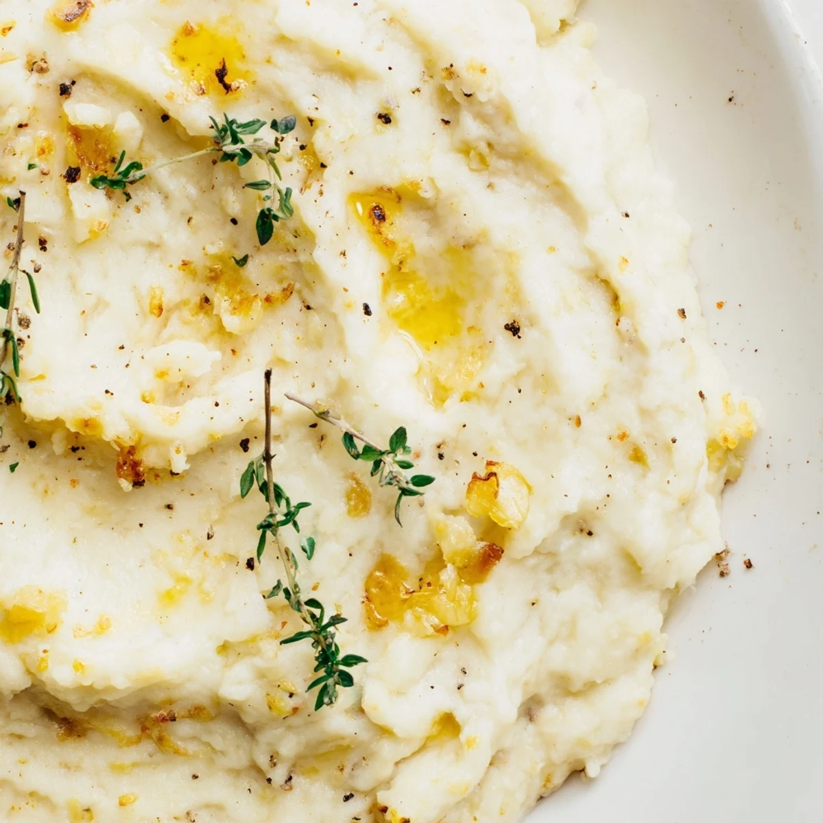 Easy roasted celeriac mash with butter and thyme, a gluten-free vegetarian side dish perfect alongside roasted chicken or steak dinners.