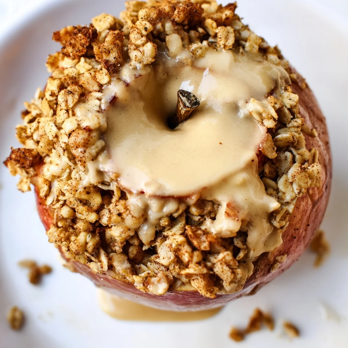 Warm Baked Comforting Apple With Tahini Drizzle on a plate, cinnamon oats and walnuts bubbling with golden edges.