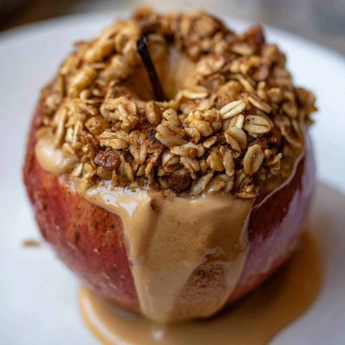 Stuffed Baked Comforting Apple With Tahini Drizzle halved to reveal tender oat-walnut filling, tahini cascading over fruit.