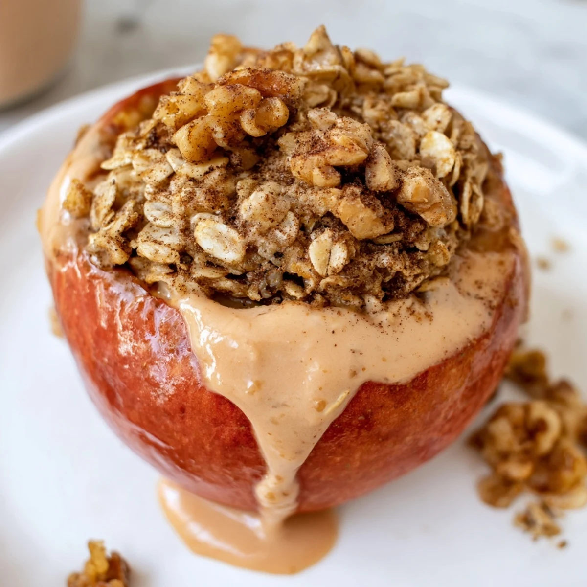 Freshly baked Baked Comforting Apple With Tahini Drizzle served with Greek yogurt, sesame seeds, and warm autumn light.